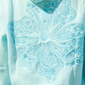 Pink Palm Aqua Hoodie with Floral Embroidery